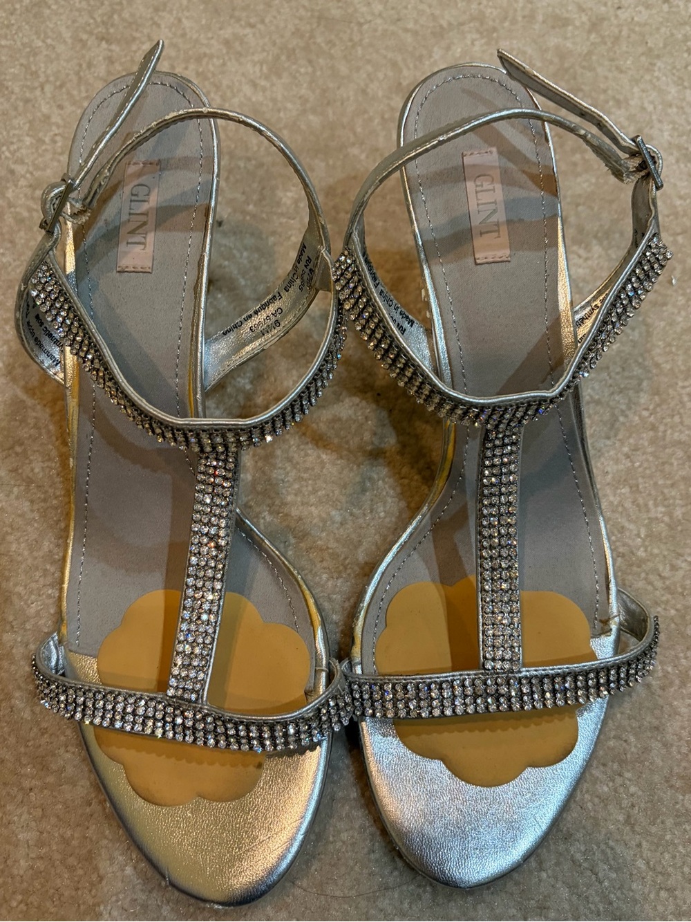 Glint Silver Rhinestone T‑Strap Heels